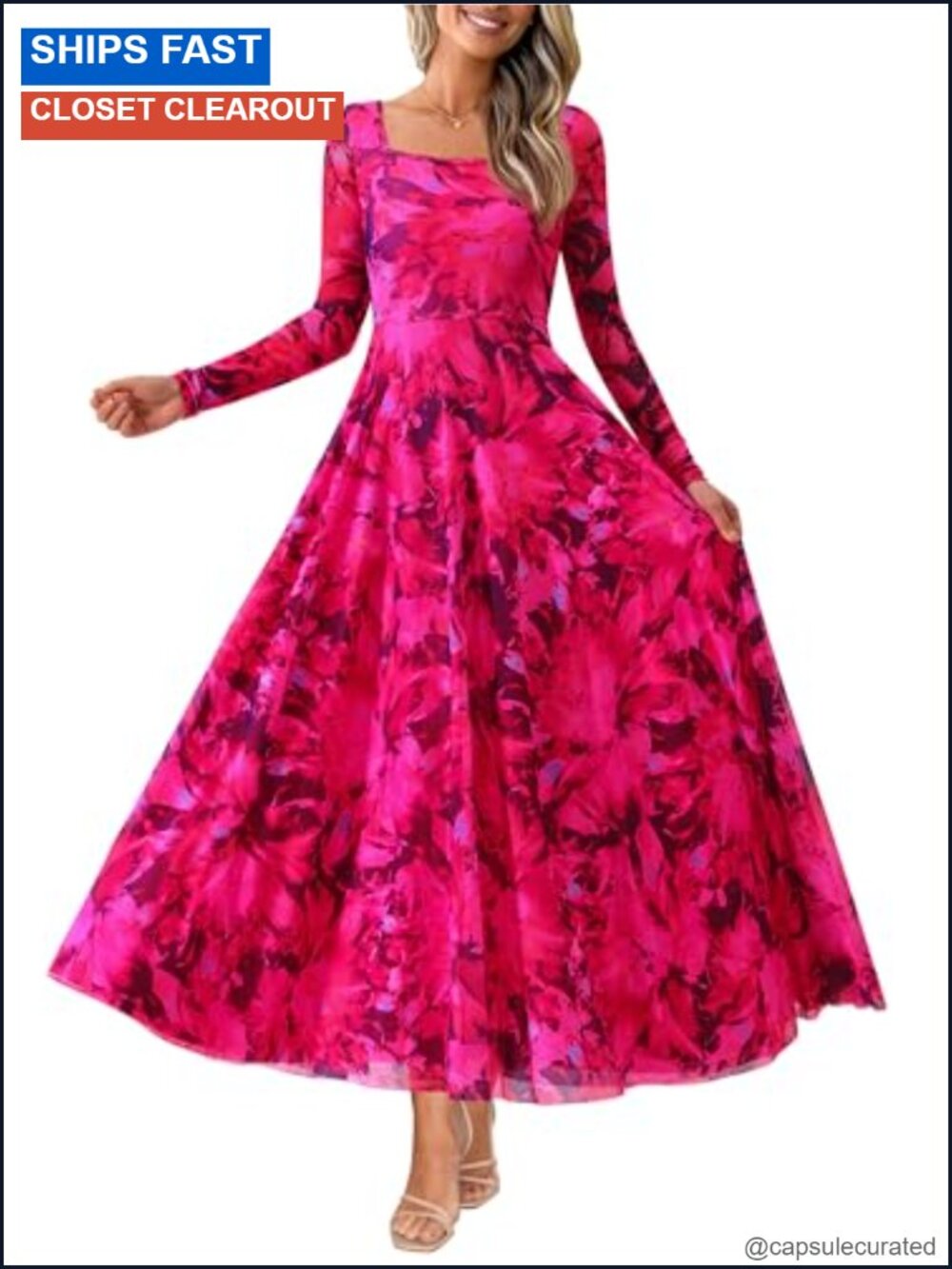 BTFBM Women Boho Floral Maxi Dress Long Sleeve Square Neck